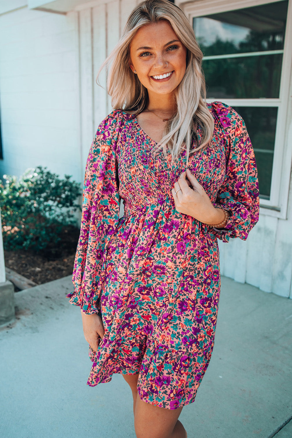 Purple Floral Print Long Sleeve Flounce Hem V Neck Smocked Dress