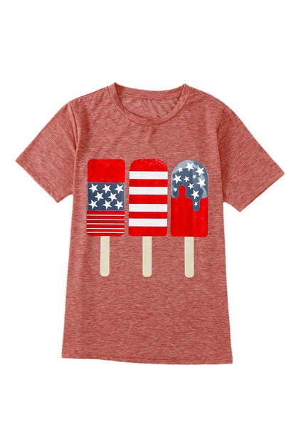 Red American Flag Popsicles Patterned Crew Neck Patriotic T Shirt