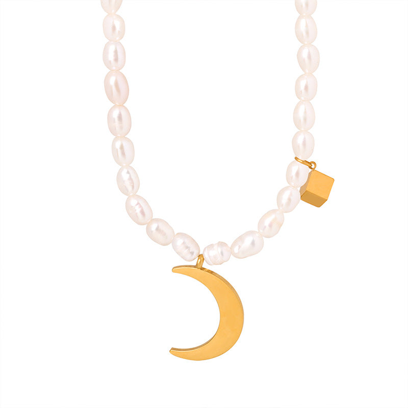 18K gold classic vintage pearl with square and moon design versatile necklace