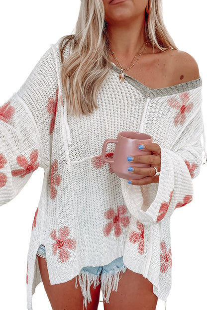 White Floral Print Oversized Knit Hooded Sweater