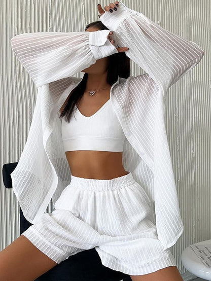 Women's Fashion Casual Long Sleeve Cardigan Shorts Suit