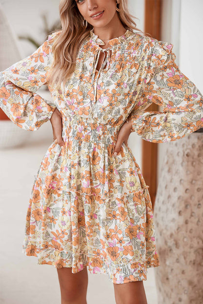 White Boho Floral Print Smocked Tiered Dress