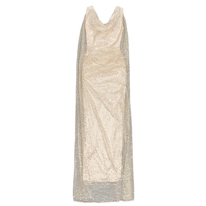 Apricot Mesh Sleeveless Strap Cloak Sequined Long Dress