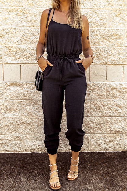 Blue Drawstring Waist Spaghetti Straps Jumpsuit