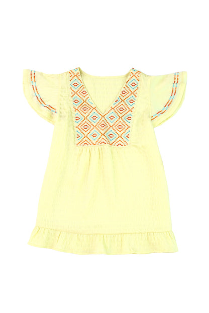 Yellow Geometric Embroidery Ruffles V Neck Textured Top