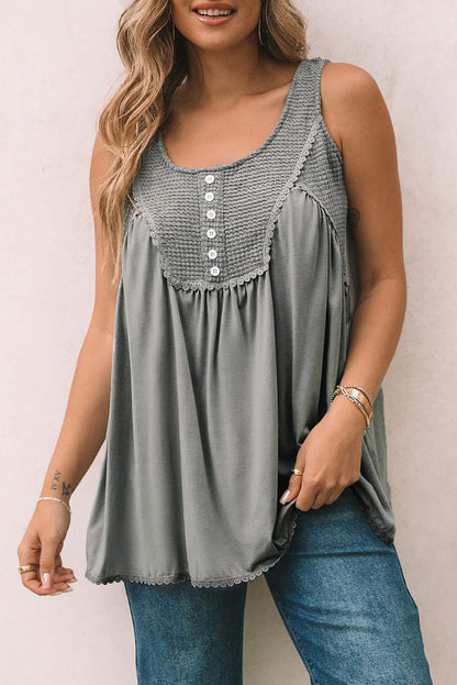 Gray Waffle Knit Panel Babydoll Sleeveless Top