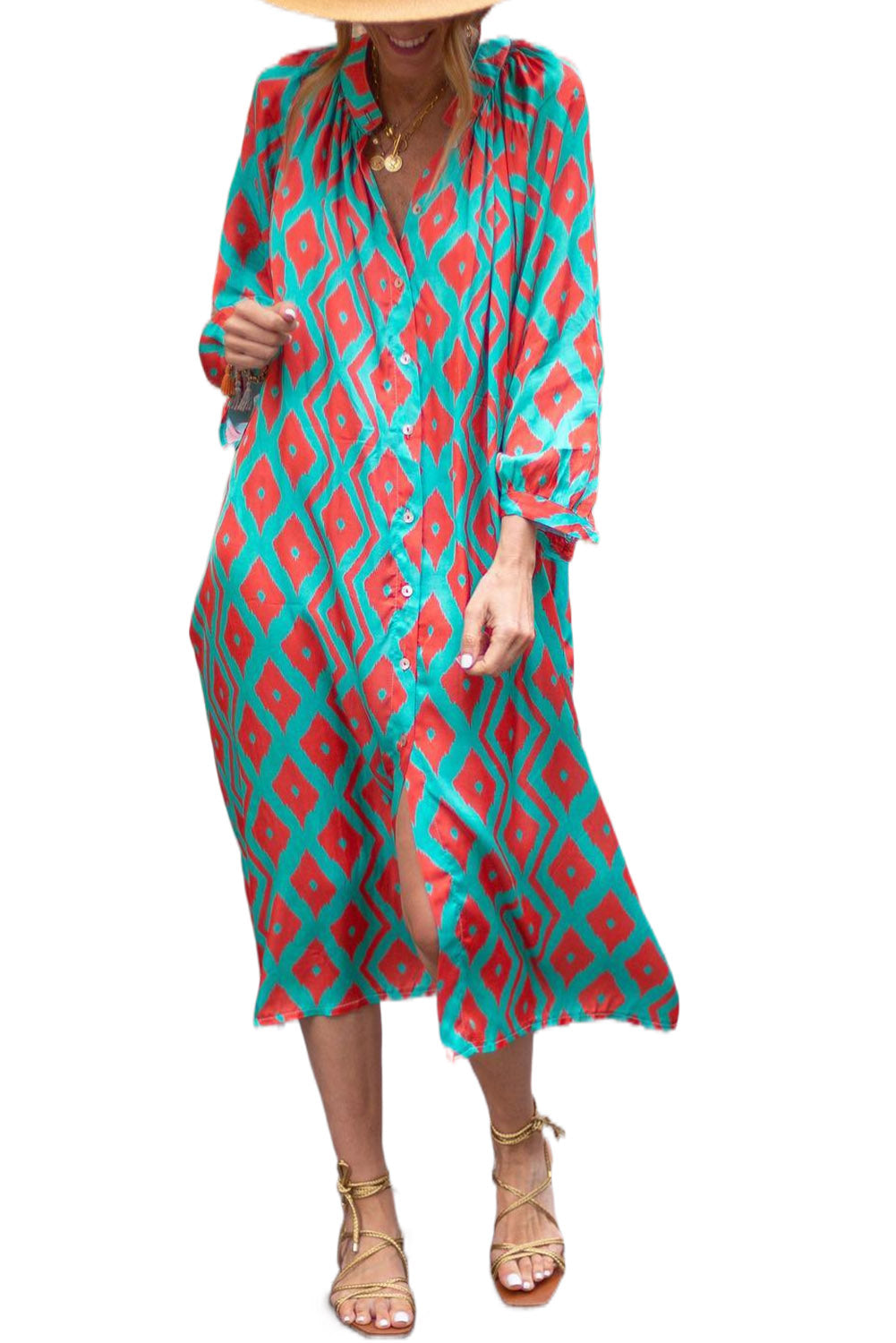 Sky Blue Geometric Print Split Neck Loose Shirt Dress