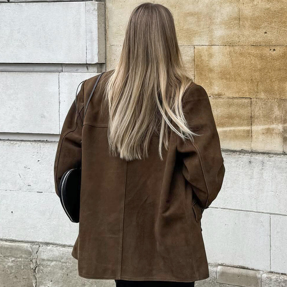 Veste ample en daim à revers rétro en velours brossé