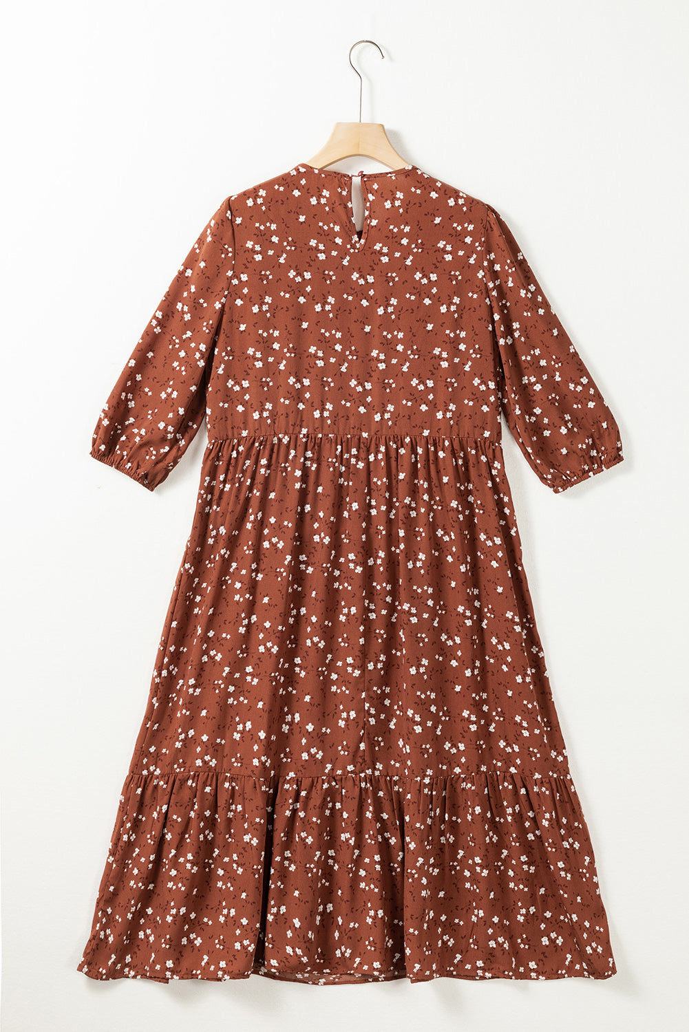 Chestnut Floral Print 3/4 Sleeve Ruffle Hem Midi Dress