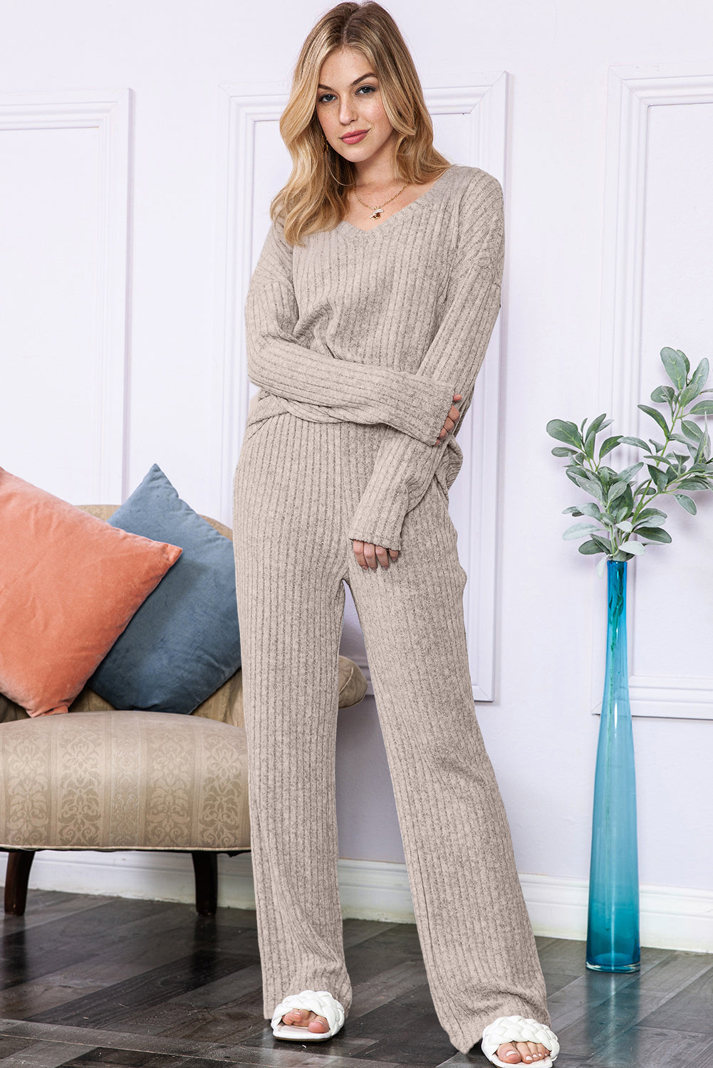 Ensemble haut et pantalon en tricot côtelé ample gris clair à col en V