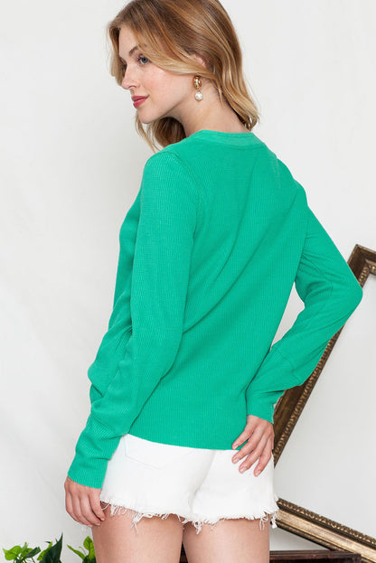 Green Solid Color Waffle Knit Long Sleeve Henley Shirt