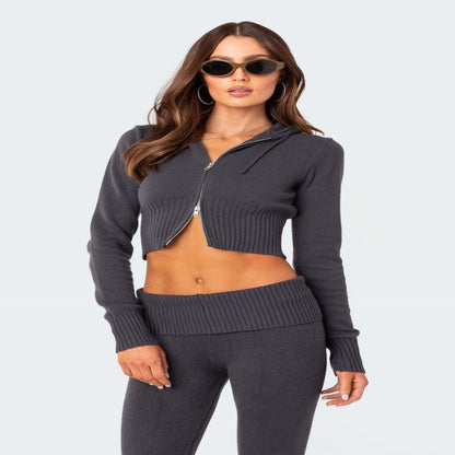 Casual Fashion Woolen Zipper Long Sleeve Trousers Suit