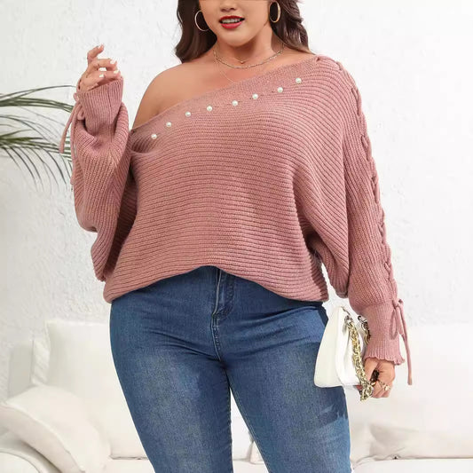 Pull à manches chauve-souris à lacets pour femme grande taille