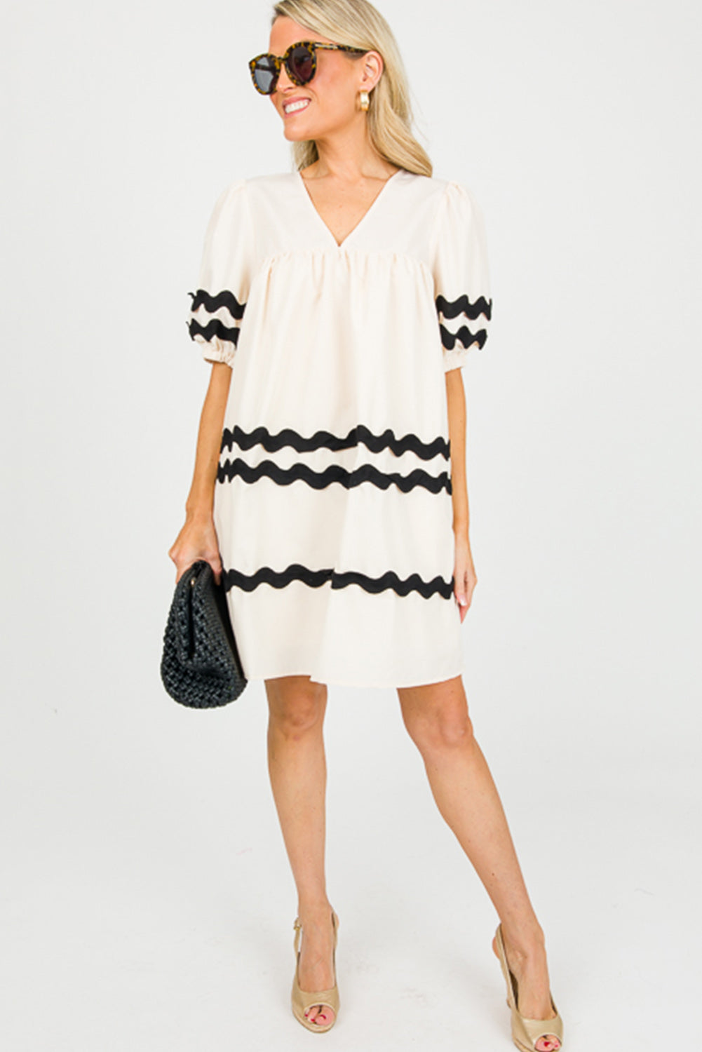 White Short Puff Sleeve Pleated Ric Rac Mini Dress