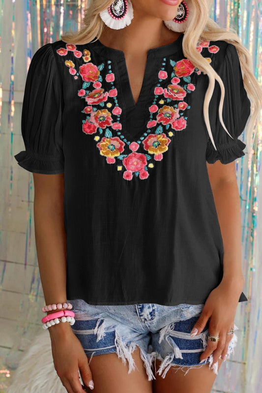 Blouse noire à manches bouffantes et à volants style Boho brodé de fleurs