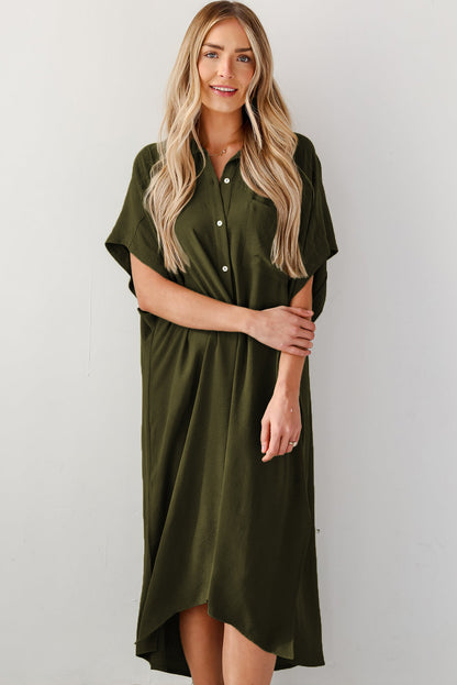 Robe chemise ample à manches courtes et fentes latérales vert jungle