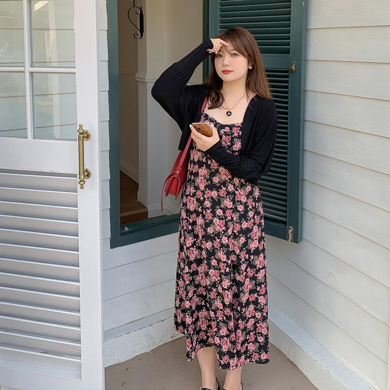 Ensemble deux pièces Cardigan à robe florale à col licou pour femmes