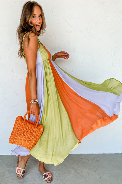 Green Color Block Shirred High Waist Pleated Maxi Dress