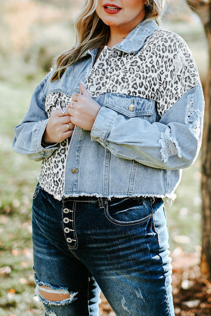 Veste en Jean Courte Déchirée Léopard Bleue Grande Taille