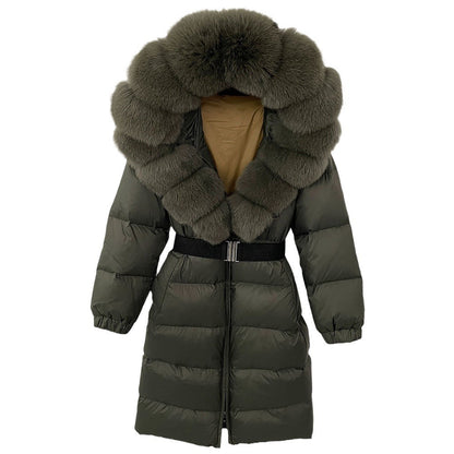 Manteau long à capuche et col en fourrure de renard véritable pour femme