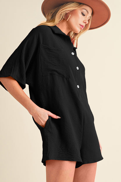 Black Plain Half Button Collared Pocket Loose Romper