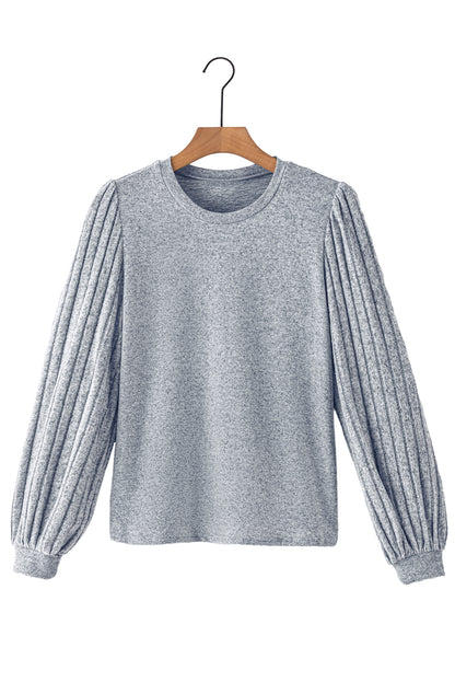 Gray Solid Color Contrast Ribbed Bishop Sleeve Top