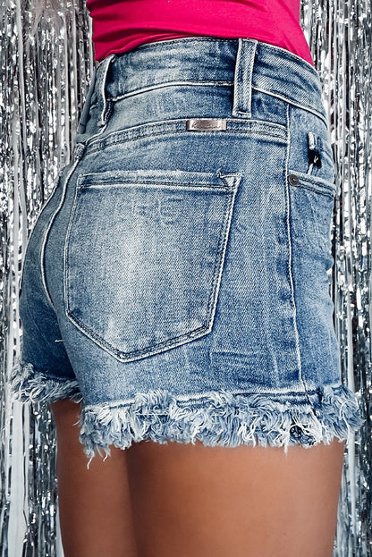 Short en jean skinny taille haute bleu à ourlet brut