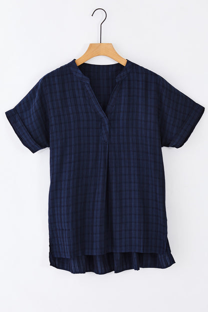 Navy Plaid Print Loose V Neck Short Sleeve Shirt with Slits