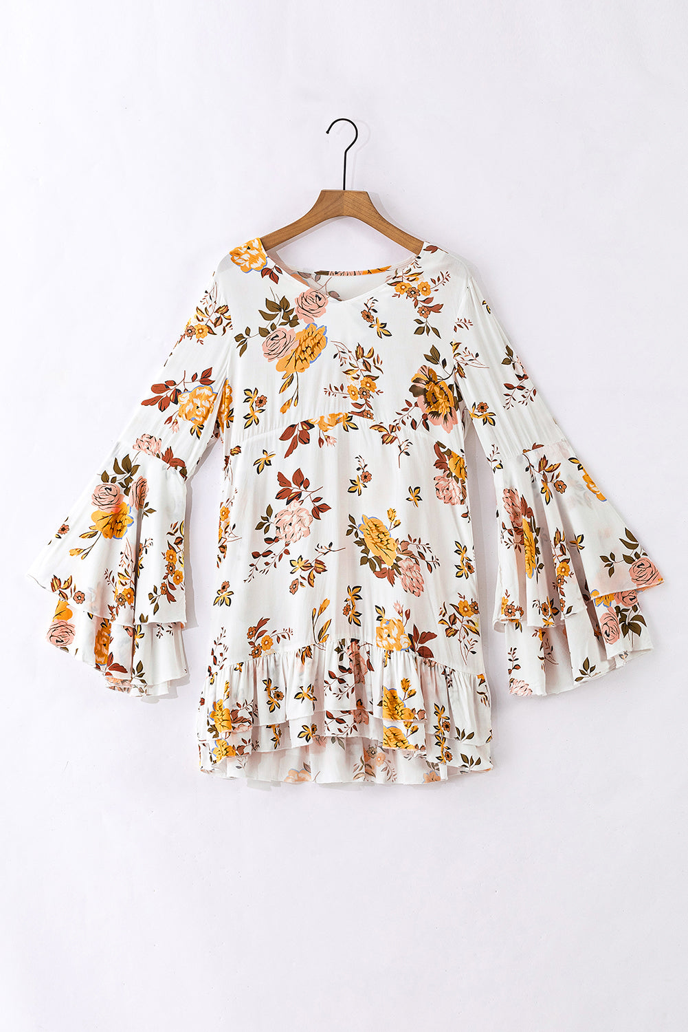 White Floral Layered Flounce Sleeve Ruffle Mini Dress