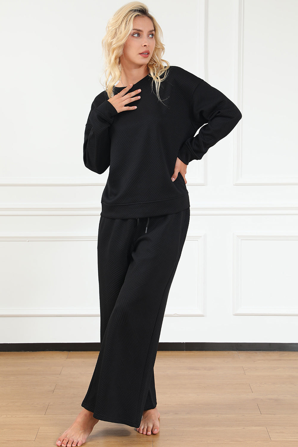 Black Textured Loose Slouchy Long Sleeve Top and Pants Set