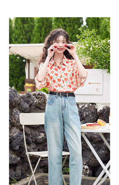 Women's Hong Kong Style Retro Heart Printing Shirt