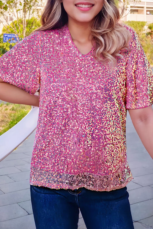 Blouse Bonbon à sequins et col en V à manches volantées