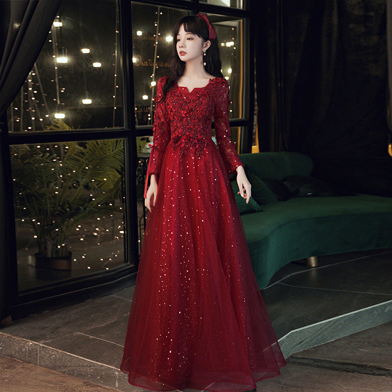 Robe de soirée à manches longues d'été de fiançailles haut de gamme rouge de mariée