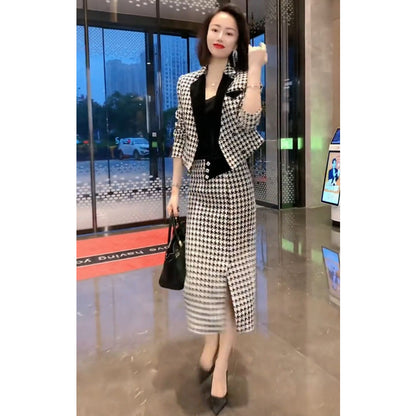 Women's Thousand Bird Plaid Suit Wrapped Hip Skirt Set