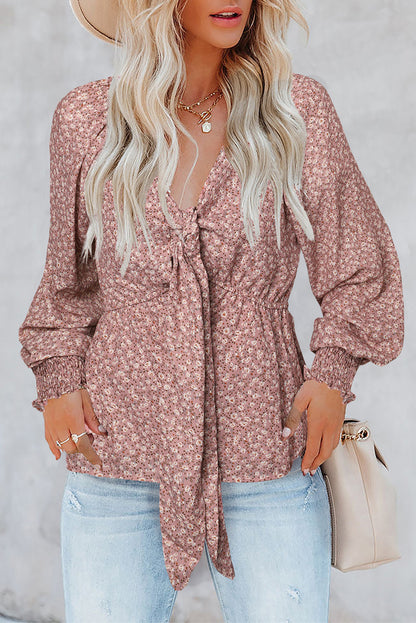 Brown Floral Print Front Tie Ruffled Long Sleeve Blouse