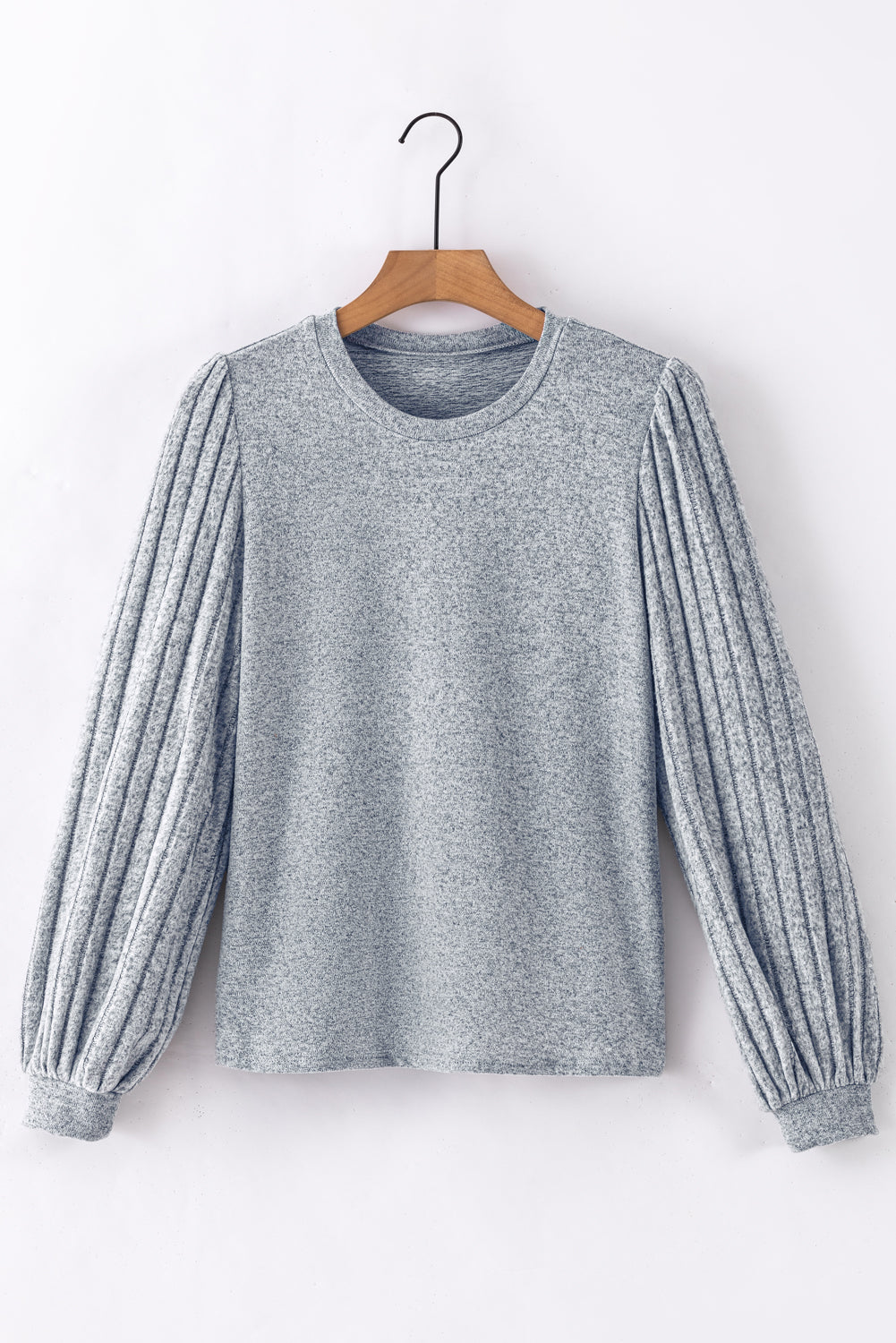 Gray Solid Color Contrast Ribbed Bishop Sleeve Top