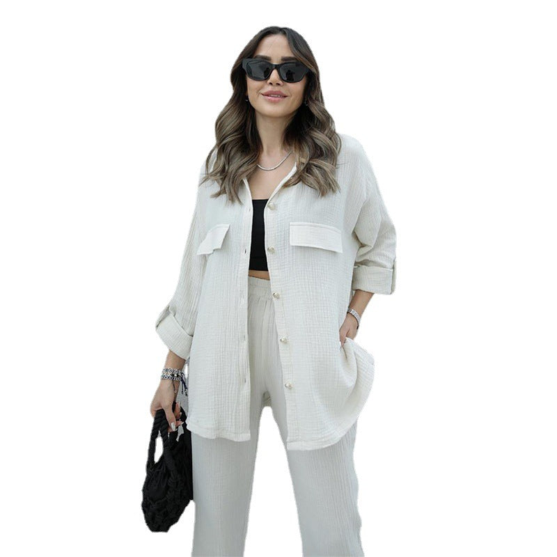 Women's Fashion Casual Solid Color Loose Long Sleeves Shirt And Trousers Suit