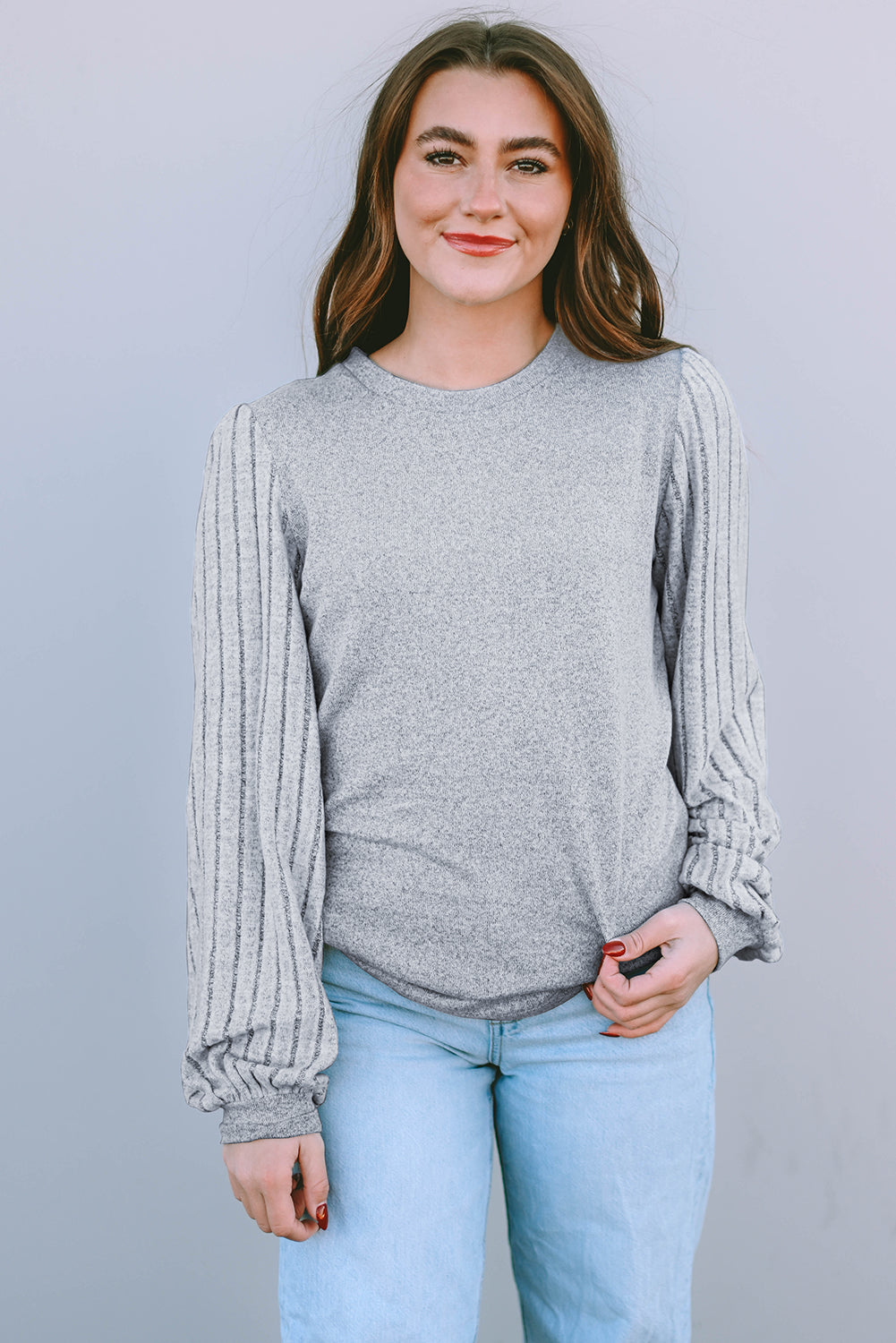 Gray Solid Color Contrast Ribbed Bishop Sleeve Top