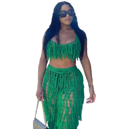 European And American Urban See-through Knitted Hand Crochet Tassel Beach Suit