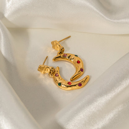 18K Gold Noble Atmosphere Crescent Moon Inlaid Color Zircon Design Pendant Earrings