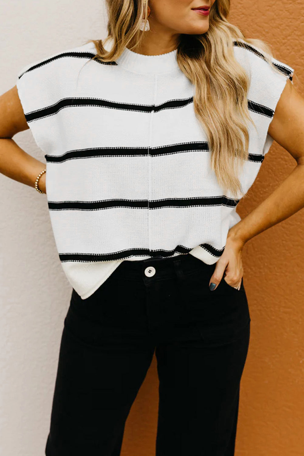 White Striped Center Seamed Short Sleeve Sweater