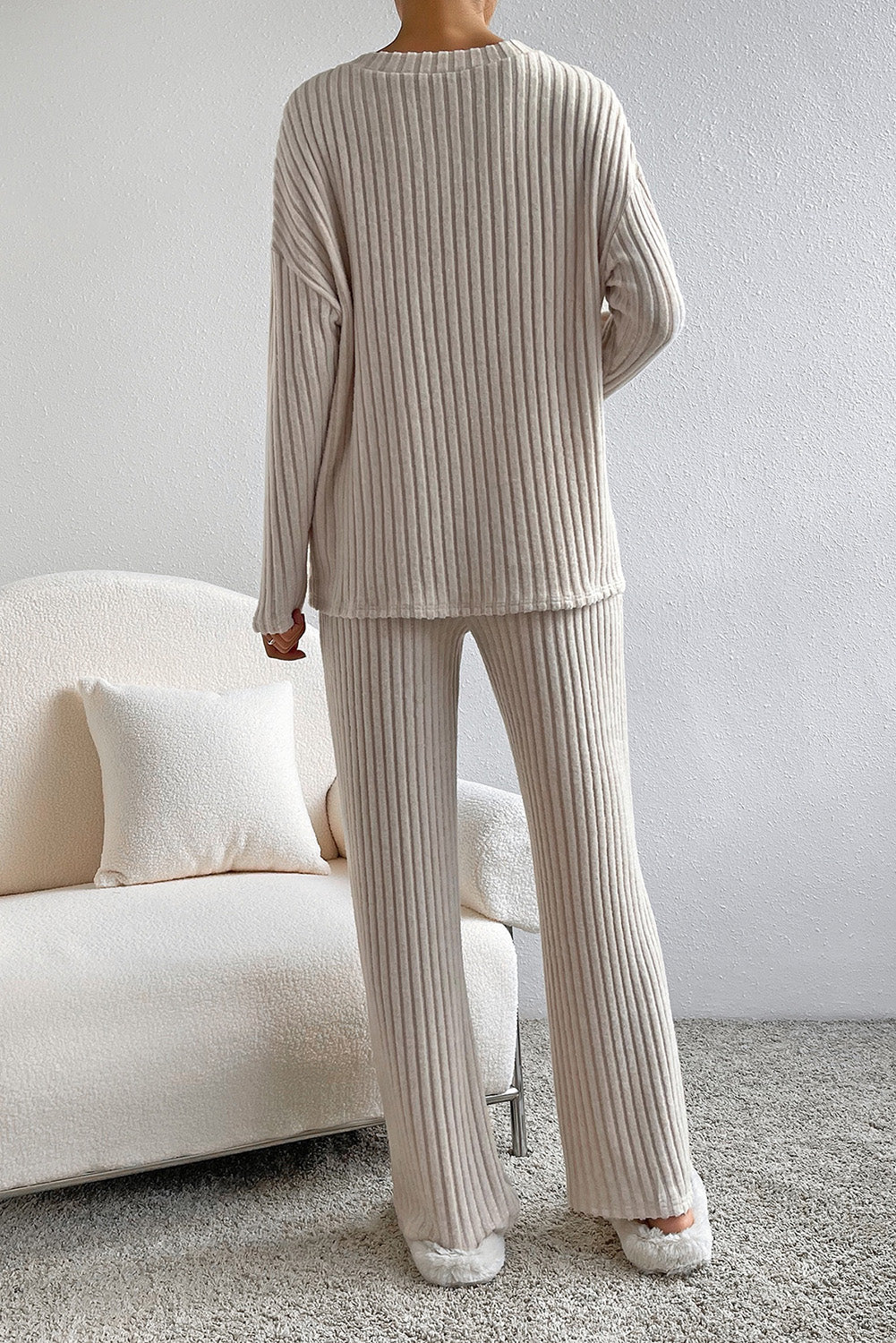 Ensemble haut et pantalon en tricot côtelé ample gris clair à col en V