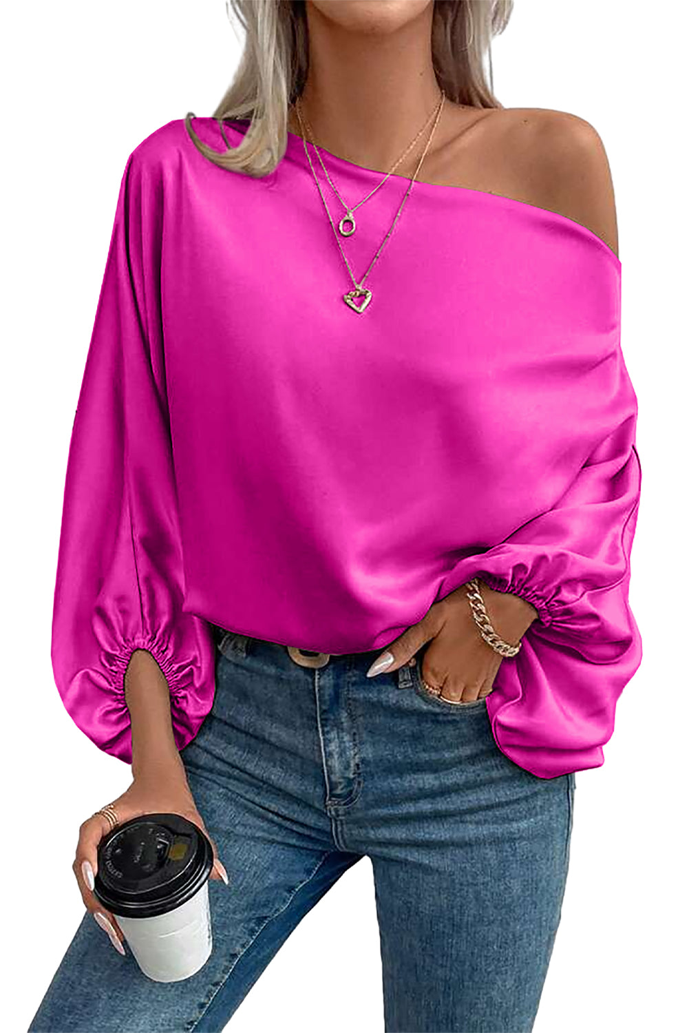 Bright Pink Solid Color Asymmetrical Neck Lantern Sleeve Blouse