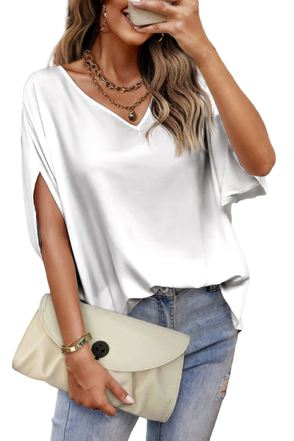 White V Neck Batwing Sleeve Solid Color Satin Blouse