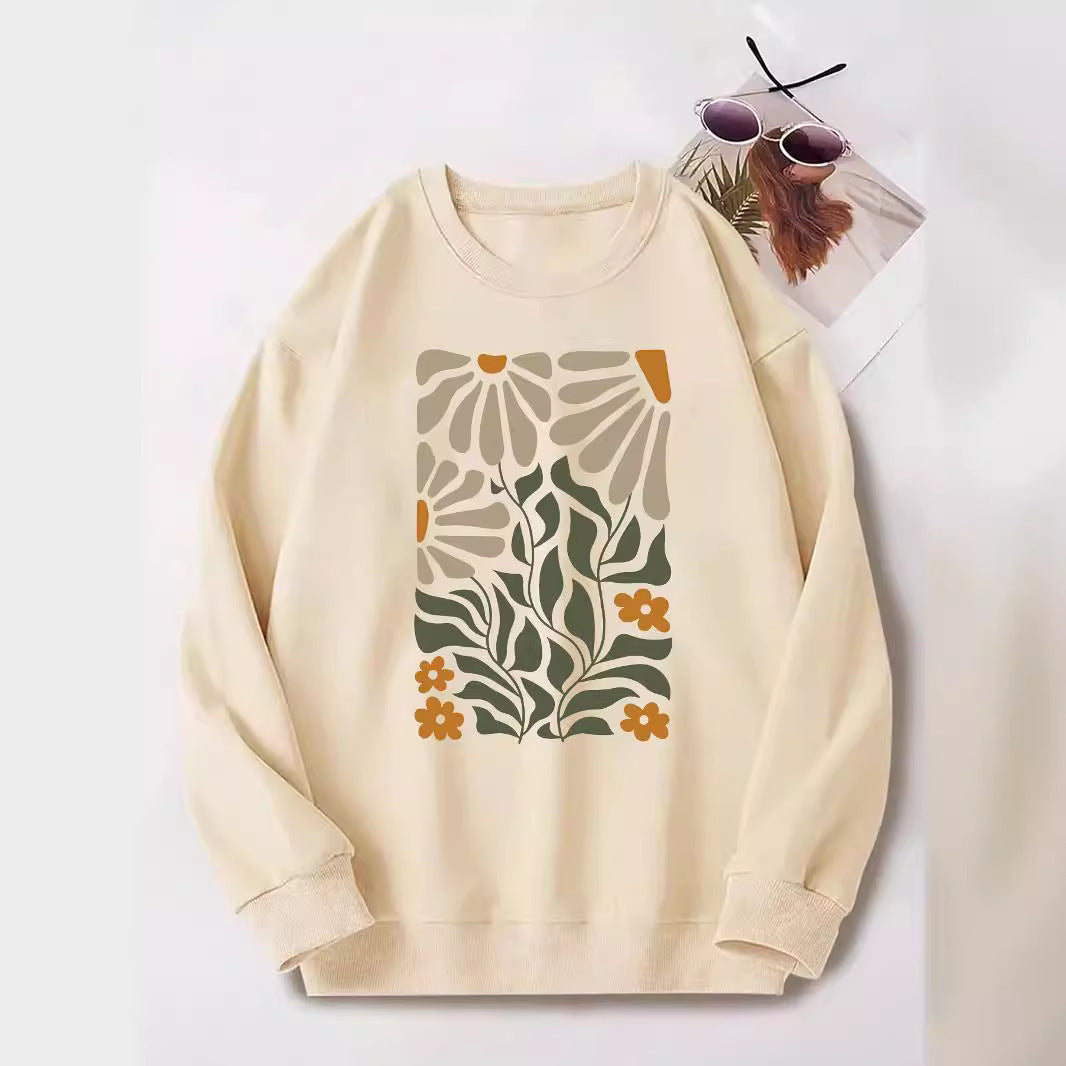 Pull à manches longues et col rond avec imprimé fleurs et plantes pour femme