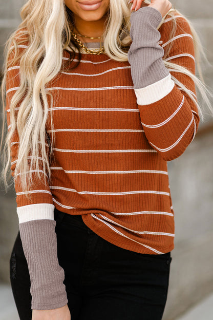 Dark Blue Striped Spliced Color Block Rib Knit Top