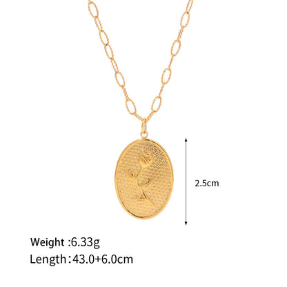 18k Gold Classic Vintage Oval with Rose Design Pendant Necklace