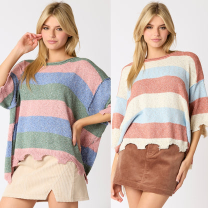 Pull tricoté à manches courtes et rayures multicolores pour femme