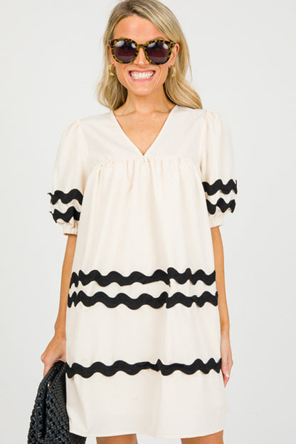 White Short Puff Sleeve Pleated Ric Rac Mini Dress