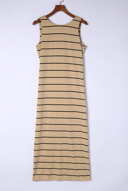 Black Stripe Print Open Back Sleeveless Maxi Dress With Slits